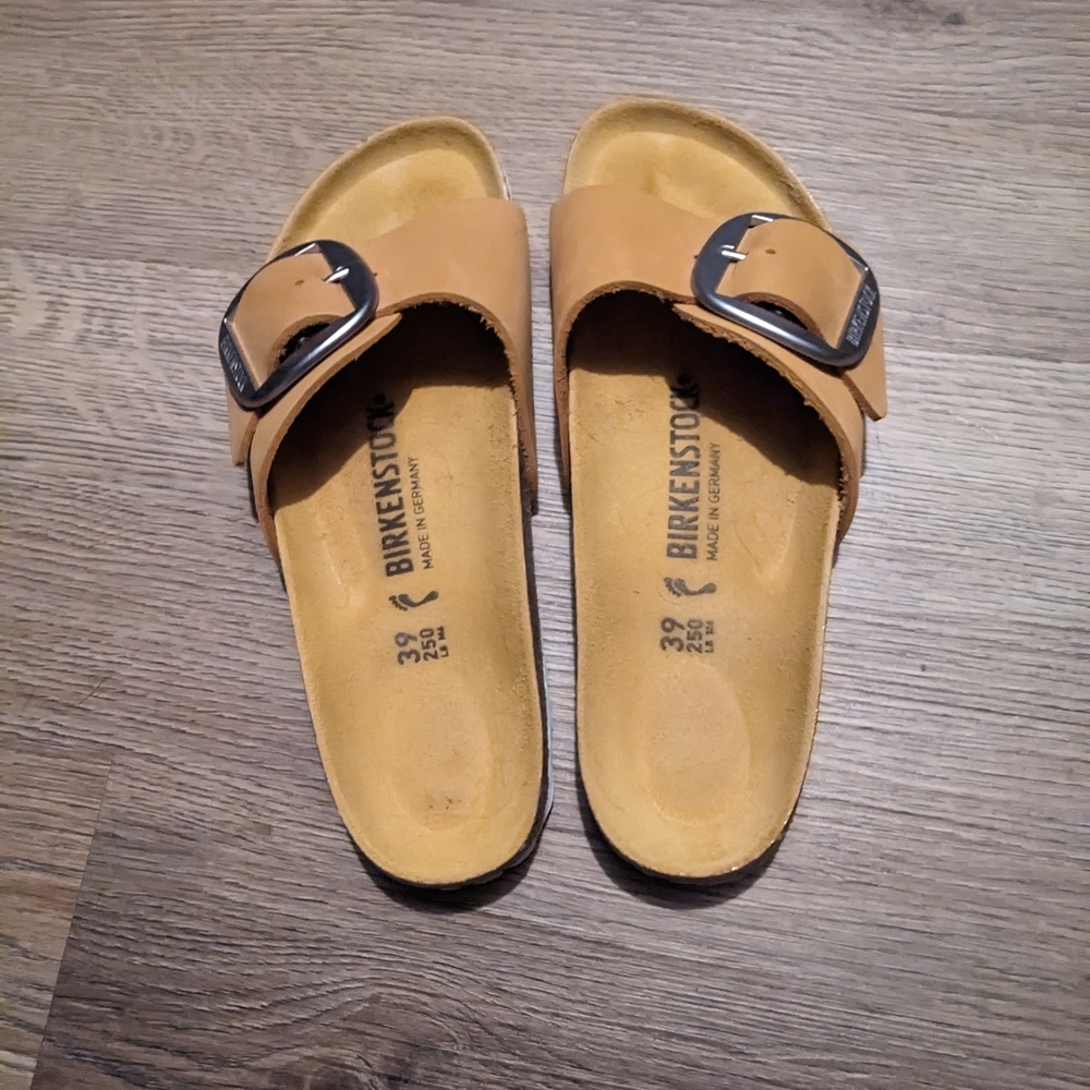 Birkenstock Cognac Slide Sandals with Buckle